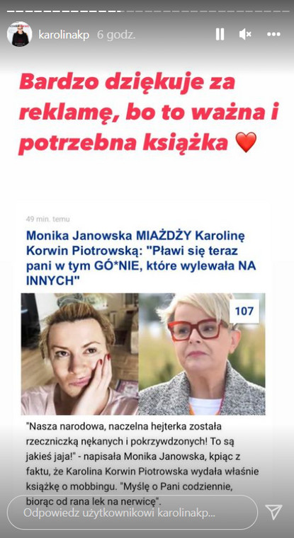 Screen z Instagrama Karoliny Korwin-Piotrowskiej