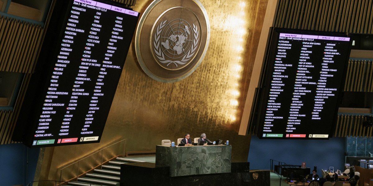 Zgromadzenie Ogólnege ONZ - wyniki głosowania podczas spotkania w sprawie inwazji Rosji na Ukrainę w siedzibie ONZ w Nowym Jorku,, 14 listopada 2022 r.