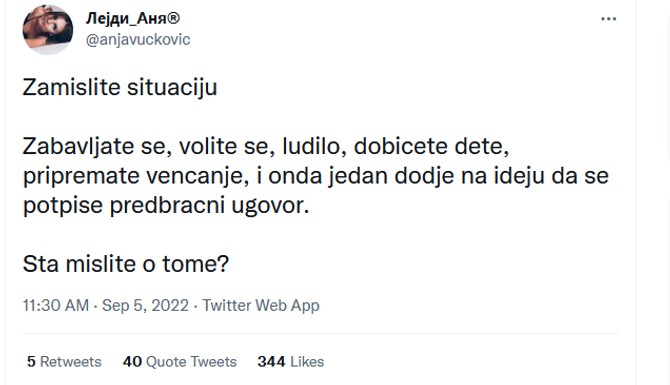O predbračnom ugovoru, Foto - tviter, screenshot