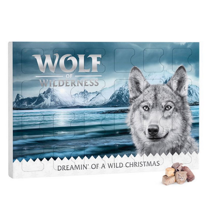 Kalendarz adwentowy dla psa Wolf of Wilderness. Kryje w sobie liofilizowane przysmaki dla psów w 5 wariantach smakowych. Cena: 49,80 zł. Zooplus.pl