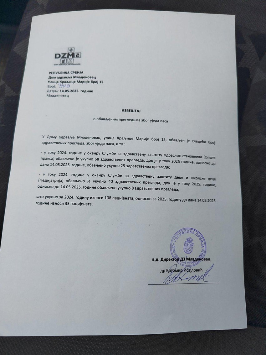 Izveštaj iz Doma zdravlja Mladenovac o napadima pasa