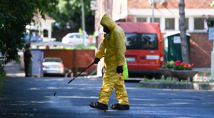 A Magyar Honvédség katonája a főváros által fenntartott XVII. kerületi Pesti úti idősotthonban 2020. július 20-án, amelyet megelőző intézkedésként újra fertőtlenítenek. 