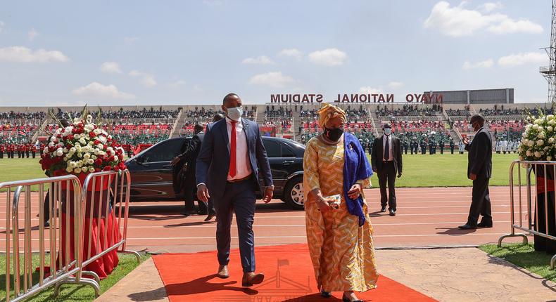 First Lady Margaret Kenyatta arrives for state Jamhuri Day celebrations at Nyayo Stadium