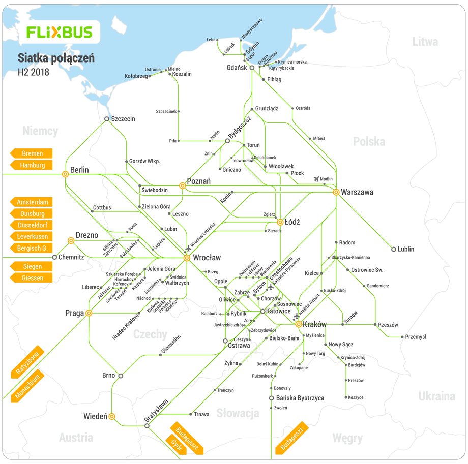 Siatka połączeń Flixbusa w Polsce w 2018 r.