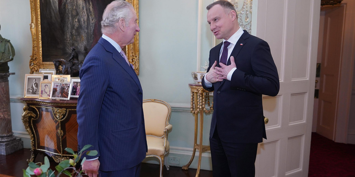 Prezydent Andrzej Duda w trakcie wizyty u króla Karola w lutym 2023 r.
