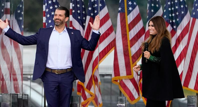 Donald Trump Jr. arrives on stage as Kimberly Guilfoyle speaks on Jan. 6, 2021 at a rally in support of President Donald Trump.