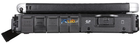 Lewa strona: gniazdo zasilania, USB 2.0, FireWire, RJ-11, RJ-45, czytnik kart pamięci, złącze SIM