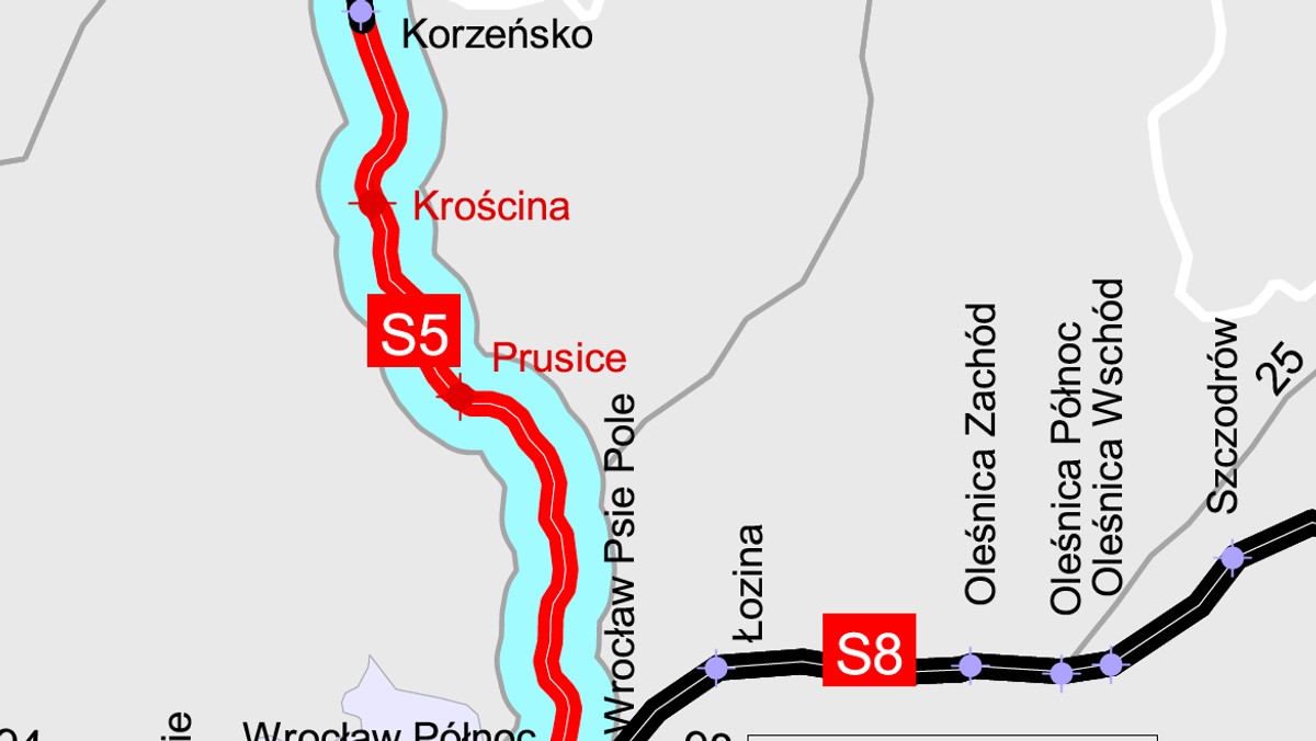 Niemal 20-kilometrowy odcinek trasy ekspresowej S5 – od Korzeńska do węzła Krościna - został w poniedziałek oddany do ruchu. To pierwsza część dolnośląskiego fragmentu "ekspresówki" łączącej Wrocław z Poznaniem.