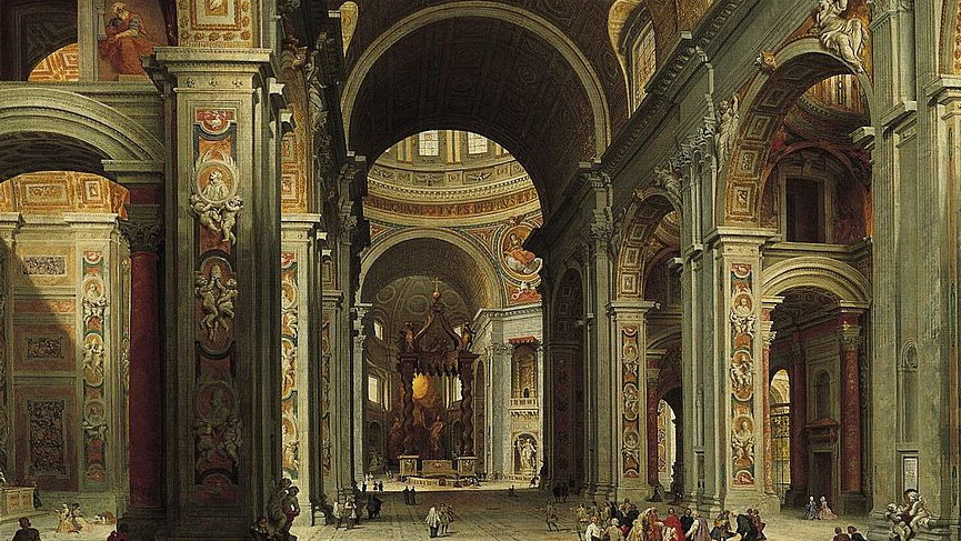Widok wnętrza bazyliki Świętego Piotra (obraz Giovanni Paolo Panniniego)