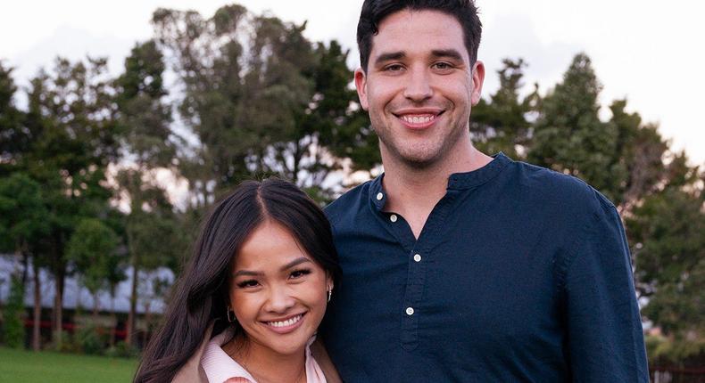 A behind-the-scenes photo of Jenn Tran and Devin Strader on season 21 of The Bachelorette.John Fleenor/ABC