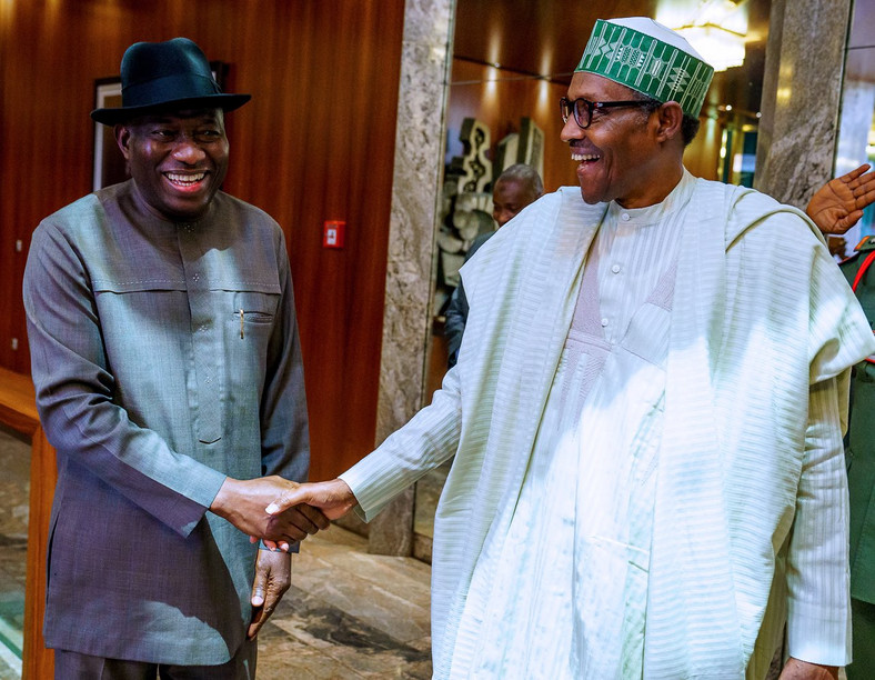 Former President Goodluck Jonathan (left) and President Muhammadu Buhari during a recent villa visit [Twitter/@BashirAhmaad]