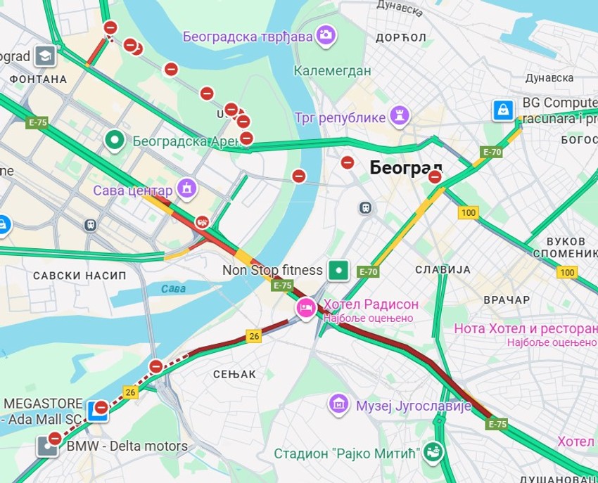 Zatvorene ulice i gužve u Beogradu