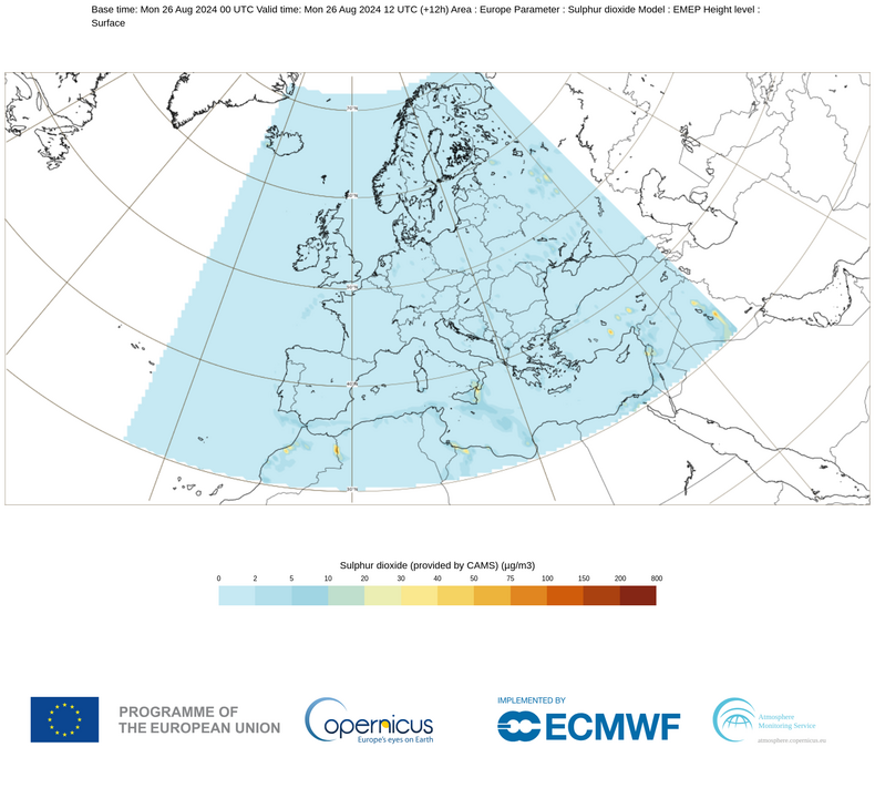 Prognoza stężenia dwutlenku siarki przy powierzchni ziemi dziś po południu. Widać, że w Europie nie będą one podwyższone