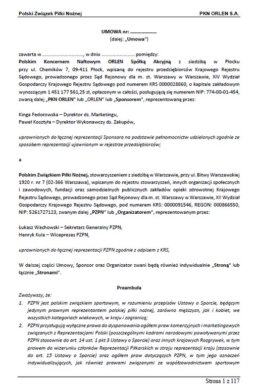 Pierwsza strona umowy sponsorskiej pomiędzy Orlenem i PZPN