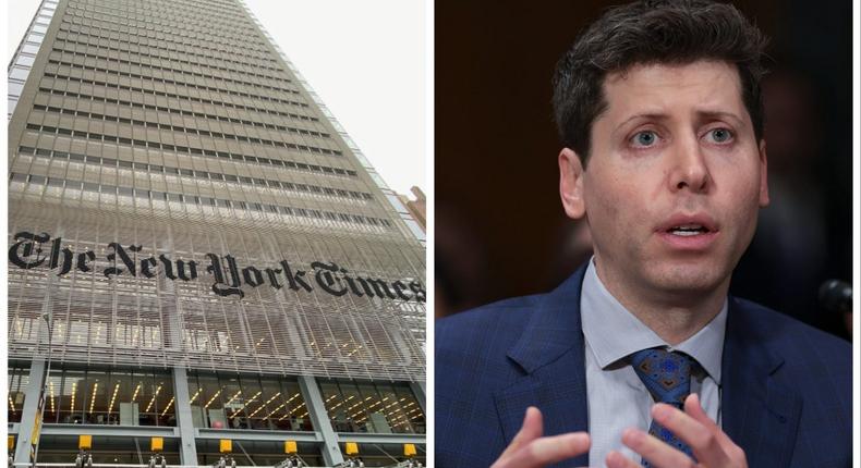 The New York Times' office and Sam Altman, OpenAI CEO.Lindsey Nicholson/UCG/Universal Images Group via Getty Images; Win McNamee/Getty Images