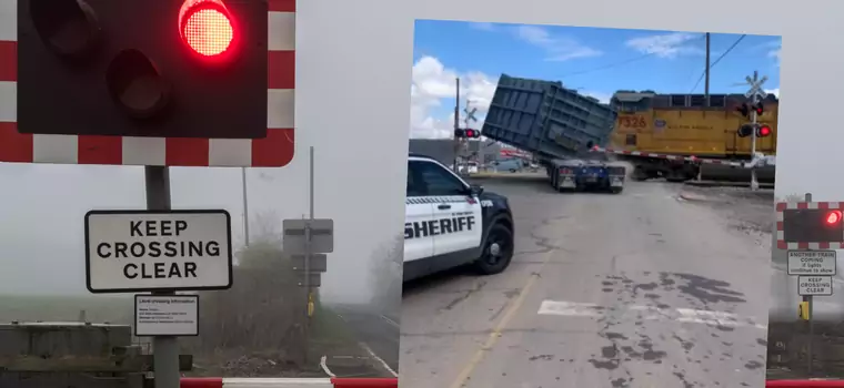 Potężna ciężarówka utknęła na torach. Policjanci mogli się tylko przyglądać [WIDEO]