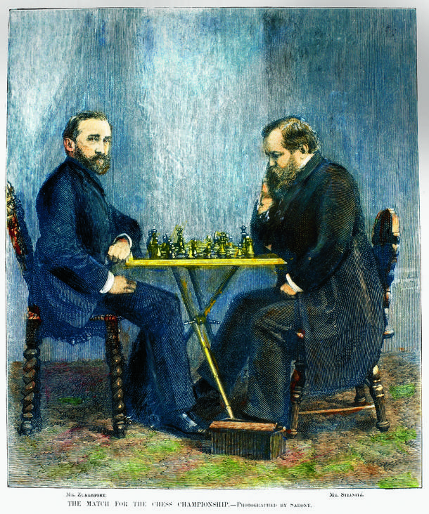 Mecz o mistrzostwo w szachach, grają Jan Herman Zukertort (z lewej) i Wilhelm Steinitz,  Nowy Jork, 1886 r.