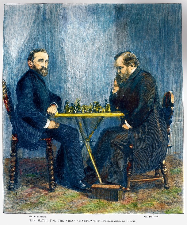 Mecz o mistrzostwo w szachach, grają Jan Herman Zukertort (z lewej) i Wilhelm Steinitz,  Nowy Jork, 1886 r.