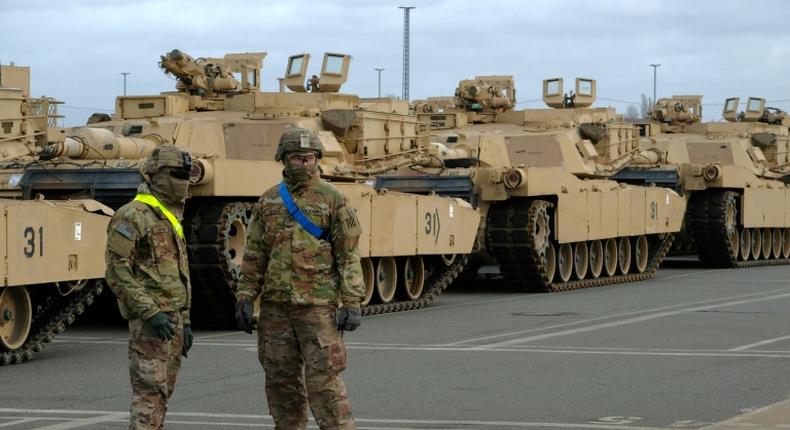 US military personnel and M1 Abrams tanks in German ahead of war games in February 2020