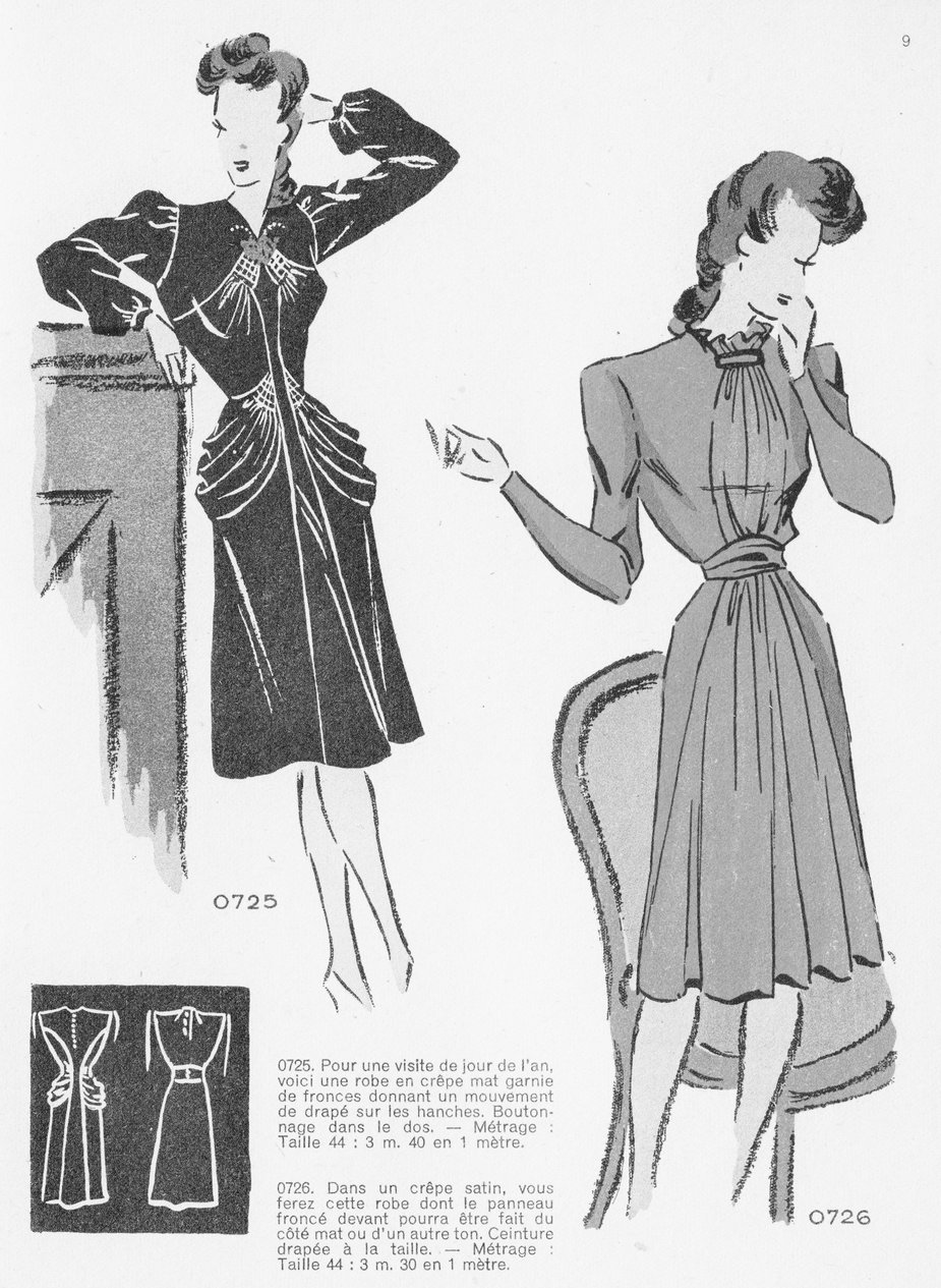 Eleganckie sukienki w czasopiśmie krawieckim „Les Patrons Universels”, 1943 r. Ilustracja z książki „Krawcowe z Auschwitz” Lucy Adlington