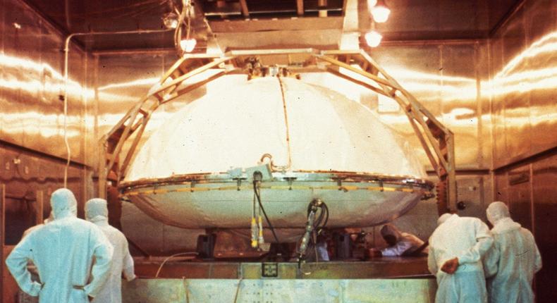 One of NASA's twin Viking Mars landers being placed in an oven to be sterilized for its mission to the surface of the red planet.