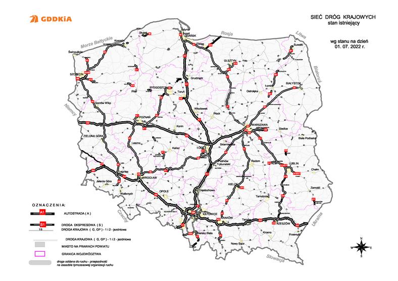 Sieć dróg krajowych (stan na 1 lipca 2022)