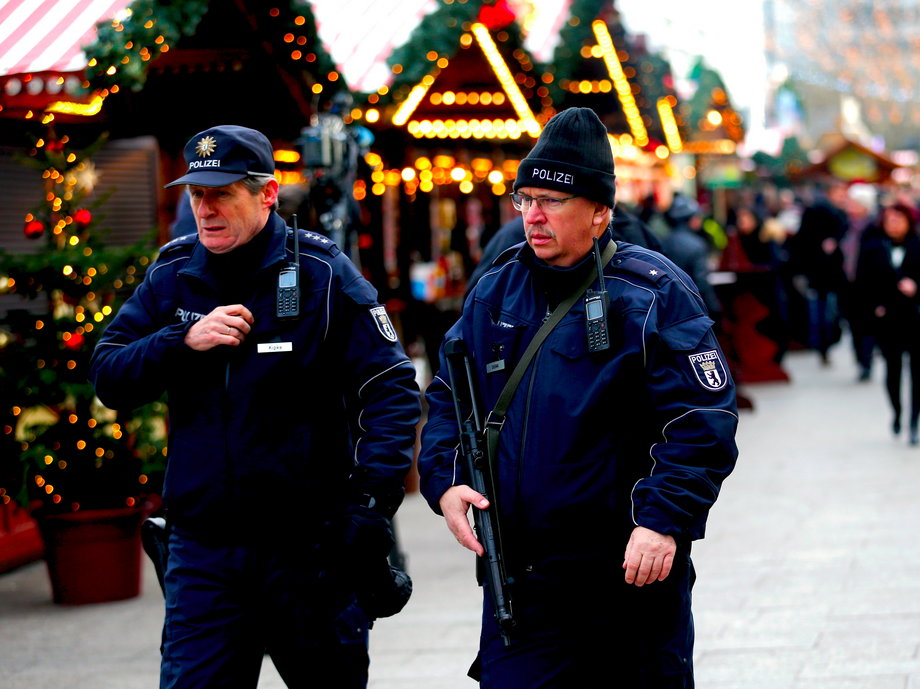 Police patrol the Berlin Christmas market.