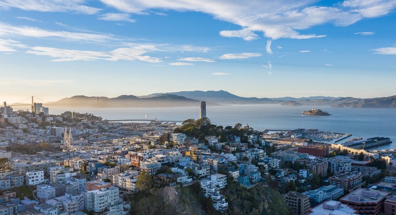 An aerial view of Russian Hil, an upscale neighborhood in San Francisco.DianeBentleyRaymond/Getty Images