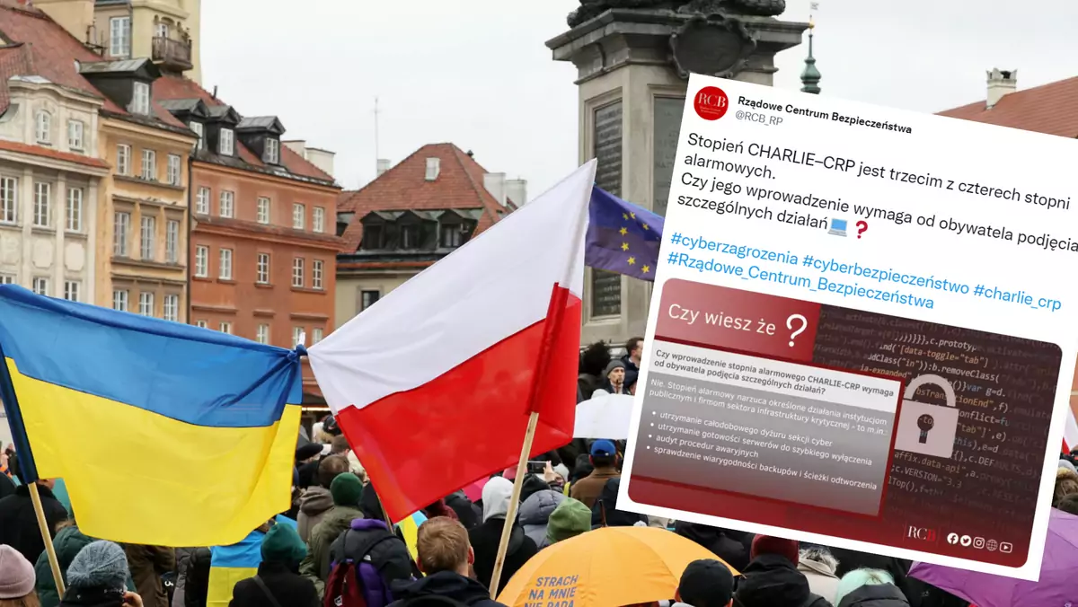 Rządowe Centrum Bezpieczeństwa wprowadziło trzeci stopień alarmowy CRP na terenie całego kraju. (Zdjęcie ilustracyjne, demonstracje wsparcia dla Ukrainy w Warszawie, 20 lutego 2022)