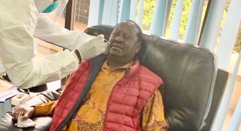 Special AU envoy Raila Odinga when he took a Covid-19 test at the Mbagathi Hospital