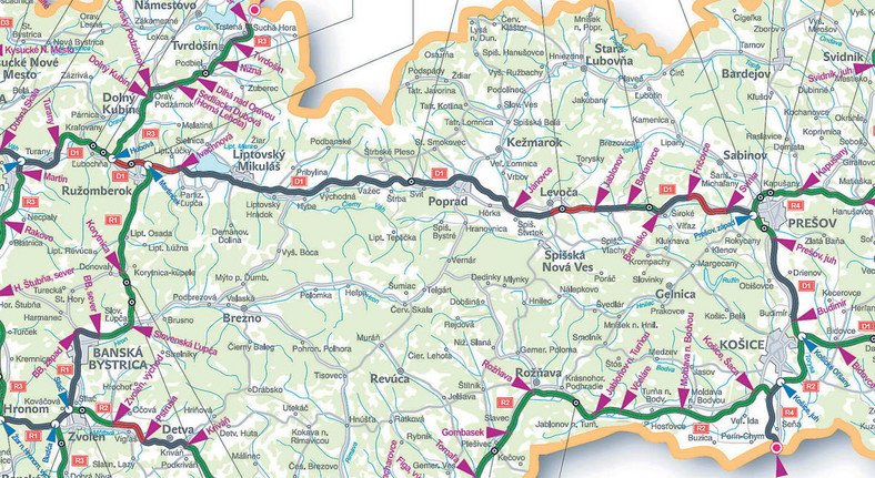 Słowacja, mapa nowych odcinków autostrad (2015)