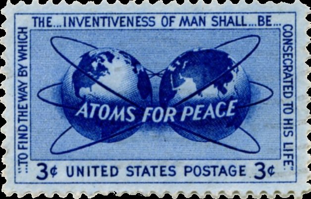 Amerykański znaczek pamiątkowy z 1955 roku nawiązujący do programu Atoms for Peace