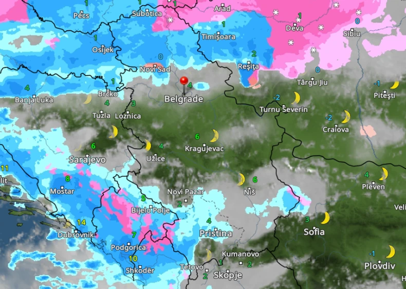 Mapa kretanja padavina u subotu u 3 časa