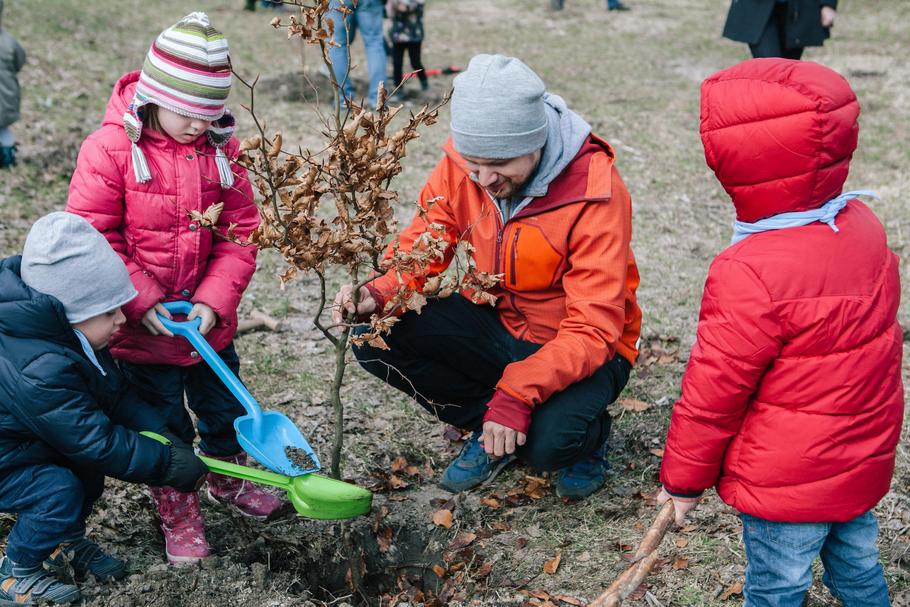 Uczestniczy akcji „Ojciec Polak sadzi drzewo” w chorzowskim Parku Śląskim. 