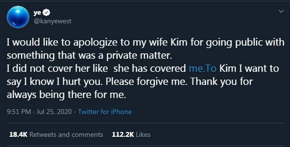 The rapper says he is sorry for going public with 'something that was a private matter.' [Twitter/KanyeWest]