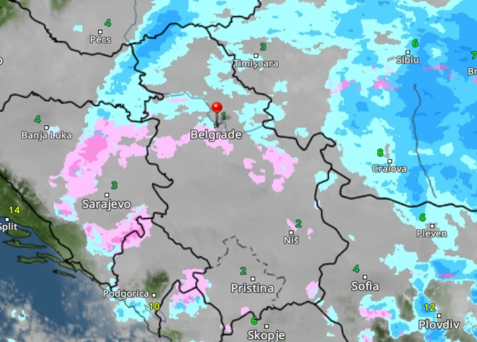 Kretanje padavina u Srbiji u subotu u 14 časova 