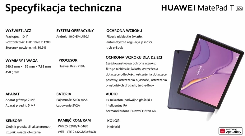 Specyfikacja techniczna tabletu MatePad T 10s (kliknij, aby powiększyć)