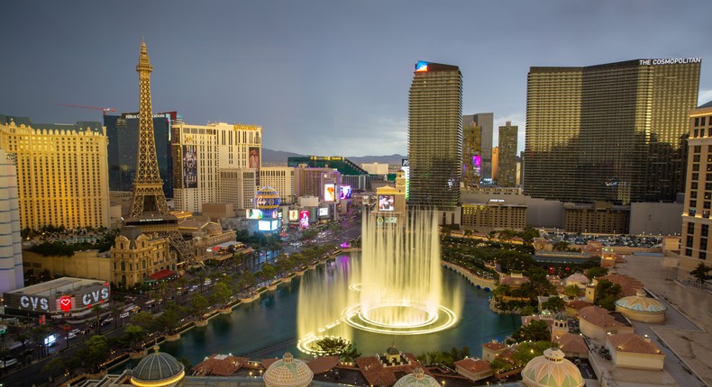 The Bellagio Water Fountain Show on Las Vegas Strip is viewed from a tower at Caesars Palace Hotel & Casino, on July 14, 2022 in Las Vegas, Nevada.