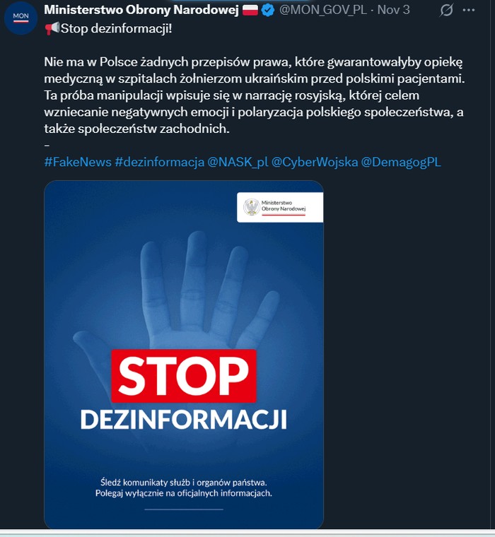 Odpowiedź MON na dyskusje o leczeniu ukraińskich żołnierzy w Polsce