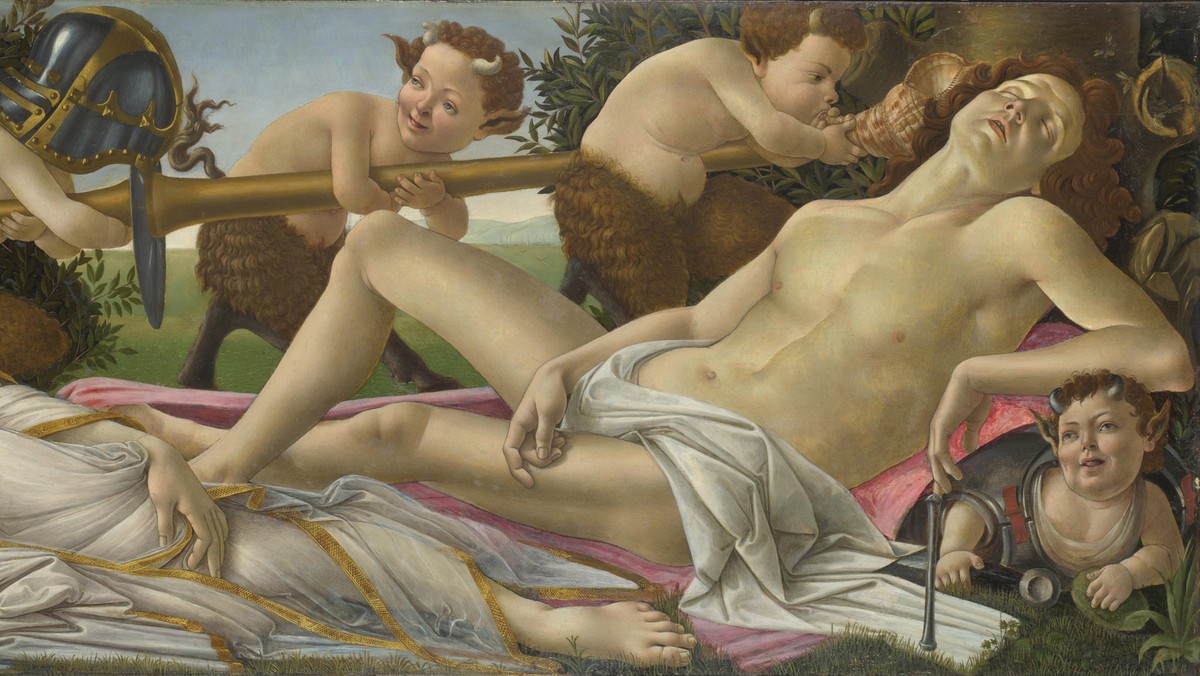 Sandro Botticelli, „Wenus i Mars, ok. 1485, malowidło na desce topolowej, 69,2 x 173,4 cm, National Gallery, Londyn