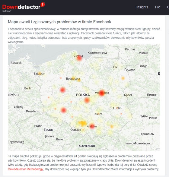 Mapa zgłoszeń awarii serwisów społecznościowych 28 października 2022 r. 