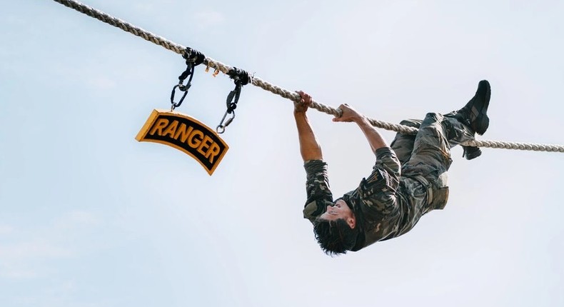 A member of Team 40, representing the 75th Ranger Regiment, navigates an obstacle course during the 40th Annual Best Ranger Competition at Ft. Moore, Georgia.US Army Photo by Sgt. Paul Won