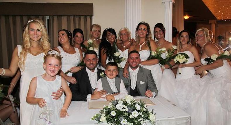 Grooms Deri Rogers and Ben Wood had their ten bridesmaids all dressed up in big white gowns