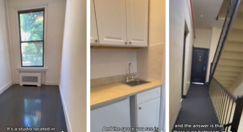 A tiny studio apartment rented for $2,350 in New York City.TikTok/@omerlabock