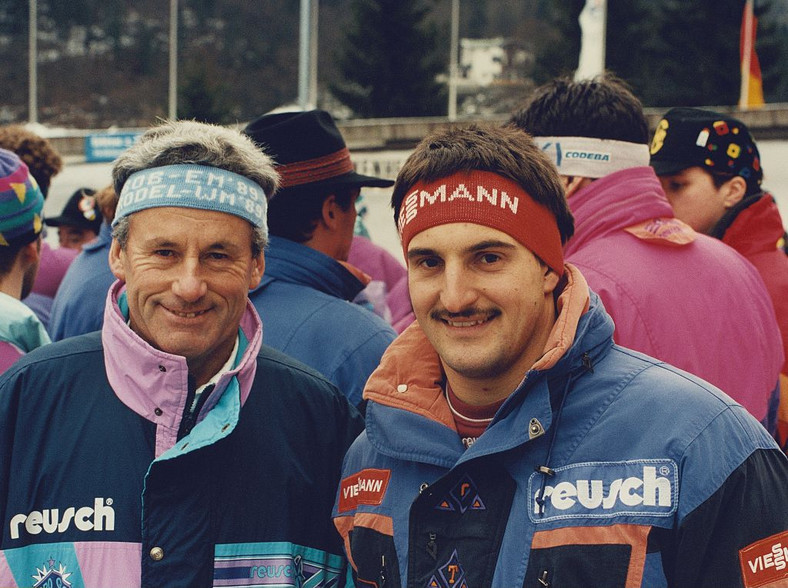 Georg Hackl z ojcem. Rok 1989