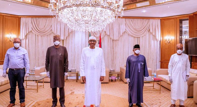 The Presidential Task Force on Control of COVID-19 led by Boss Mustapha (2nd from left) and Ehanire (2nd from right) briefed President Buhari on Friday, April 10, 2020 (Twitter @Mbuhari)