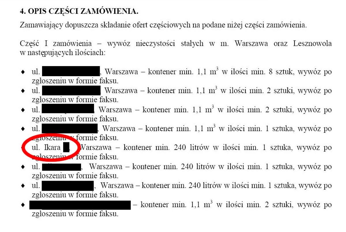 Fragment zamówienia BOR na wywóz śmieci