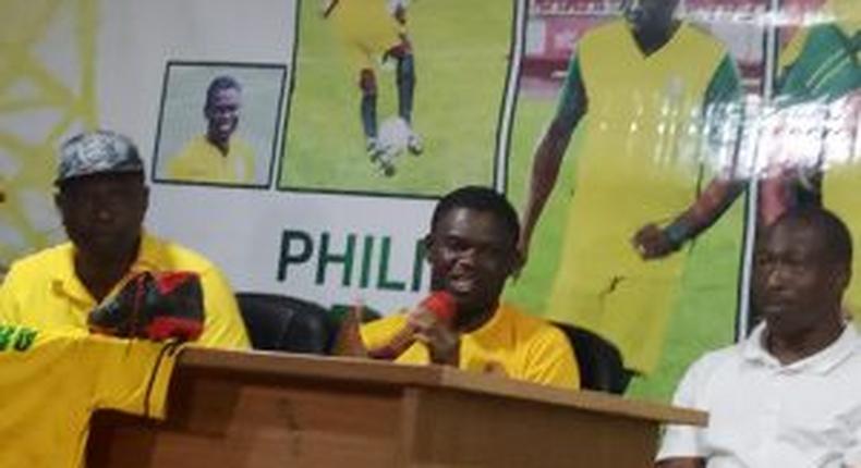 Deputy Governor of Edo, Philip Shaibu (middle) announcing his retirement from professional football at a media briefing on Friday night in Benin. [NAN]