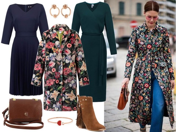 Modne i wygodne STYLIZACJE na zimne dni: płaszcz w kwiaty - Mefese/ mefese.pl, granatowa sukienka - Midori Feminine Fashion/midori.pl, zielona dzianinowa sukienka - Cotton Club/ cottonclub.pl, buty i torebka - Menbur/menbur.pl, pozostałe dodatki - TK MAXX