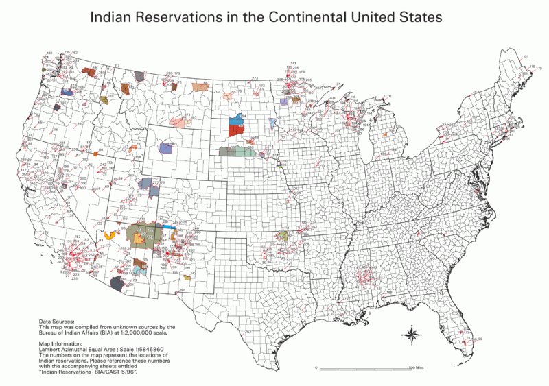 Mapa rezerwatów Indian na terenie USA, sporządzona przez Biuro do spraw Indian (domena publiczna)